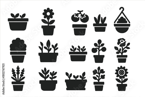 Outdoor Plant Icons. Solid style icons of Outdoor Plants: garden pot, flowering plant, tomato pot, herb planter, hanging basket,