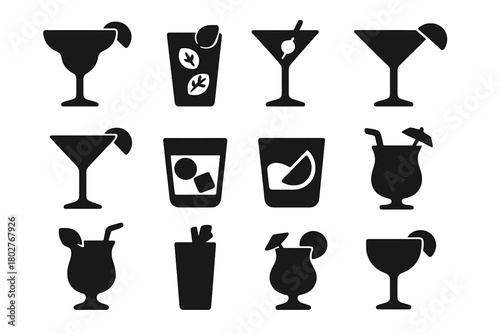 Classic Cocktail Icons. Solid style icons of Classic cocktails: margarita, mojito, martini, cosmopolitan, daiquiri, old fashioned,