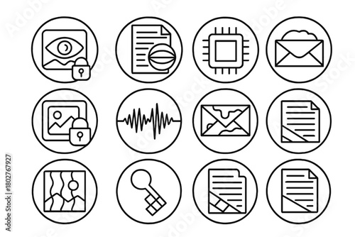 Steganography Line Icons. Line style icons of steganography in round shape: hidden image, layered message, embedded data, digital