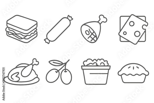 Set of food icons, including sandwiches, meat, and pies