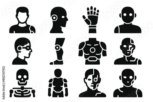 Futuristic Cyborg Icons. Solid style icons of Cyborgs: human with robotic arm, robotic eye, mechanical hand, android bust,