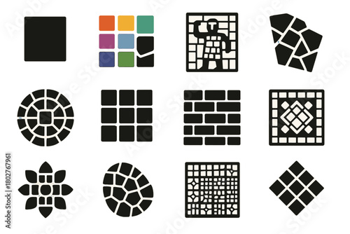 Colorful Mosaic Icons. Solid style icons of Mosaic: single tile, colorful pattern, ancient art piece, broken fragment, circular