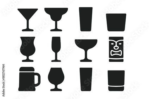 Glassware Solid Icons. Solid style icons of Glassware: martini glass, margarita glass, highball glass, lowball glass, hurricane