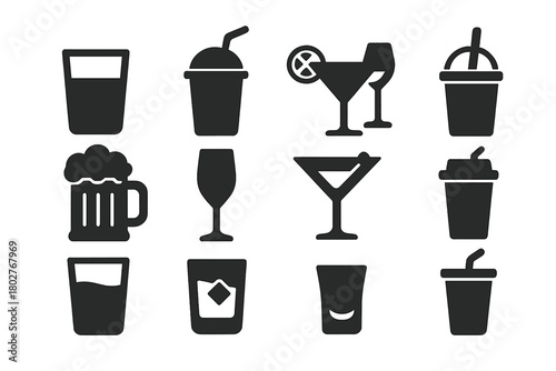 Solid Style Drink Icons. Solid style icons of Drinks: water glass, soda cup, cocktail glass, wine glass, beer mug, champagne flute