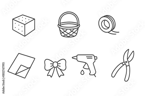 Flower Arranging Tools. Line style icons of Flower arranging: foam block, basket, wire, tape, wrapping paper, bow, glue gun,