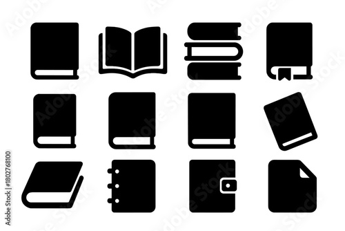 Solid Book Icons. Solid style icons of Books: closed book, open book, stack of books, bookmarked book, pocket book, hardcover,