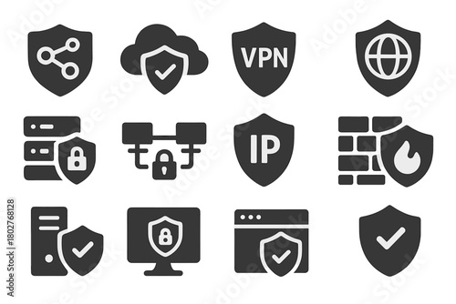 Cyber Defense Icons. Solid style icons of network and cyber defense: network shield, cloud security shield, VPN guard, shield with