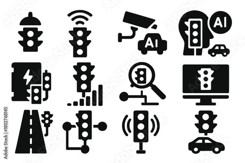 Traffic System Icons. Solid style icons of traffic monitoring and automation: sensor light icon, smart signal system, camera on