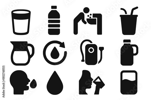 Hydration Icon Set. Solid style icons of Drinking and hydration: glass of water, water bottle, drinking fountain, straw in cup,
