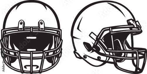 Black and white illustration of two football helmets, one viewed from the front and the other from the side.