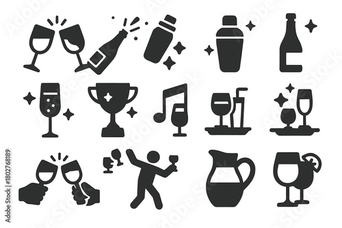 Party Icon Collection. Solid style icons of Parties: clinking wine glasses, champagne popping, cocktail shaker, party bottle,