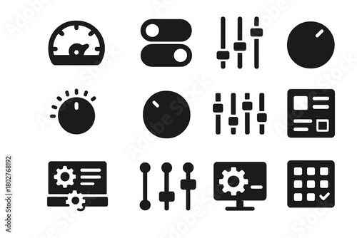 Control Panel Icons. Solid style icons of control panels: dashboard icon, toggle switches, control sliders, volume knob, rotary