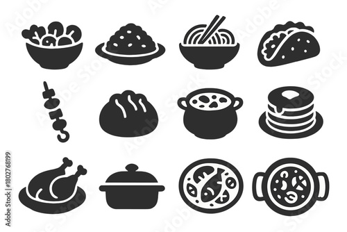 Solid Food Icons. Solid style icons of Dishes: salad bowl, rice plate, noodle dish, taco, kebab skewer, dumpling, curry pot,