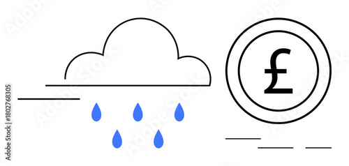 Blue raindrops fall from a cloud next to a British pound coin. Ideal for economy, finance, challenges, weather, risk, business, savings. A simple flat metaphor