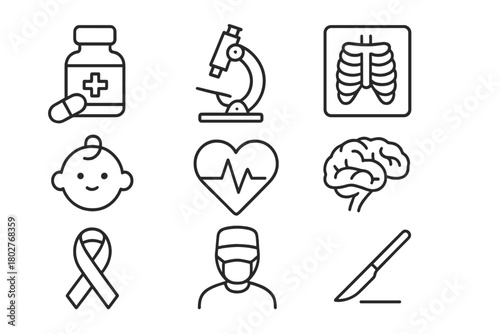 Hospital Department Icons. Line style icons of Hospital departments: pharmacy, laboratory, radiology, pediatrics, cardiology,