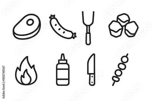 Grill House Icons. Line style icons of Street Food: Food Cart, Hotdog, Taco, Skewer, Burger, Fries, Paper Cup, Pizza Slice, No