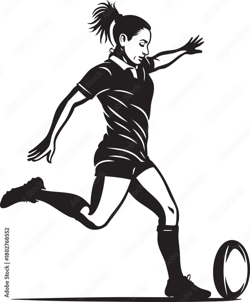 Obraz premium Illustration of a woman kicking a rugby ball in black and white.
