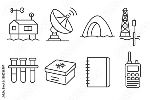 Arctic Research Icons. Line style icons of Arctic research: weather station, satellite dish, research tent, drilling rig, test