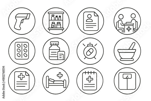 Clinical Pharmacy Icons. Line style round vector icons of Clinical Pharmacy: Barcode Scanner, Medicine Shelf, Patient Chart,