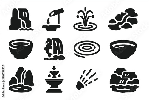 Water Feature Icons. Solid style icons of Water Features: cascading waterfall, bamboo water spout, pond fountain, trickling stream