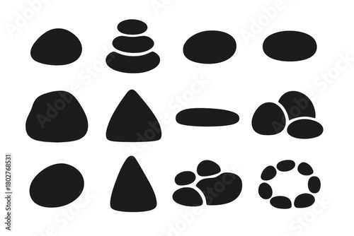 Solid Stone Icons. Solid style icons of Garden Stones: single stone, stacked stones, oval rock, polished pebble, large boulder,