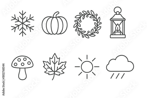 Seasonal Line Icons. Line style icons of Seasonal charm: snowflake, pumpkin, wreath, lantern, mushroom, autumn leaf, sun, rain