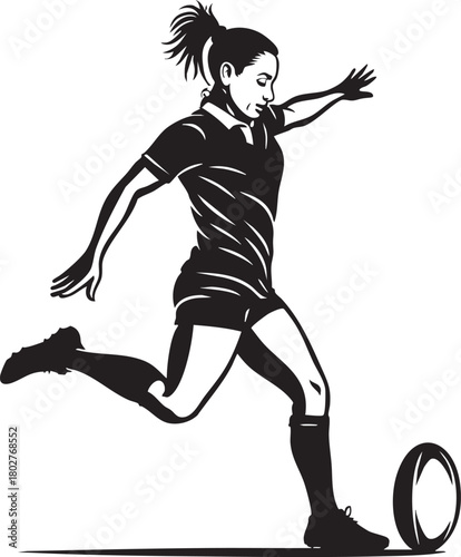 Illustration of a woman kicking a rugby ball in black and white.