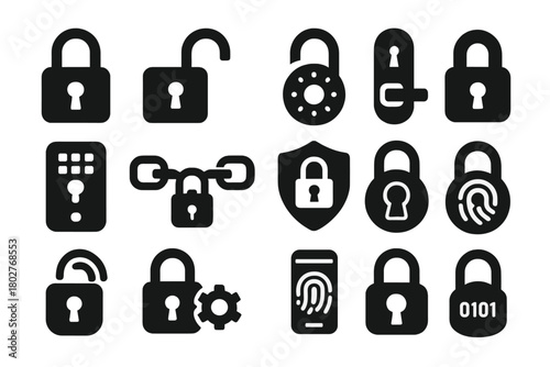 Security Lock Icons. Solid style icons of security locks: padlock closed, padlock open, combination lock, keyhole lock, digital