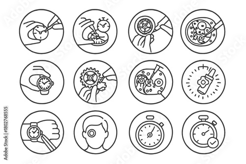 Watchmaking Icon Montage. Line style icons of watchmaking in round shape: assembling hands, adjusting escapement, polishing case,