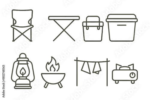 Camping Icons Set. Line style icons of Camp furniture: folding chair, table, cooler box, storage bin, lantern, fire pit,