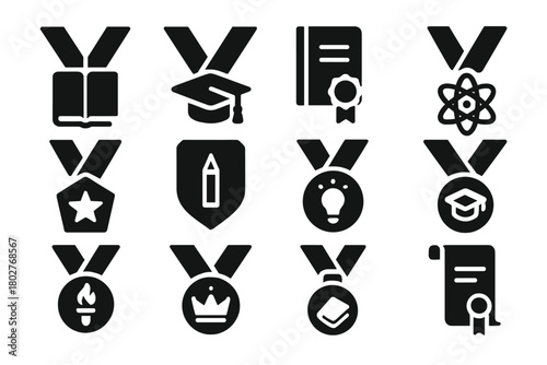 Academic Medal Icons. Solid style icons of Academic medals: book with ribbon, graduation medal, diploma seal, science award,