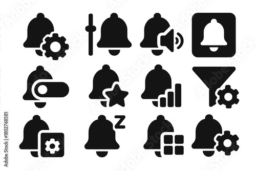 Alert Control Icons. Solid style icons of control and settings for alerts: bell settings gear, adjust notification icon, volume