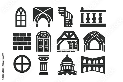 Library Architecture Icons. Solid style icons of Library Architecture: tall arched window, vaulted ceiling, spiral staircase,