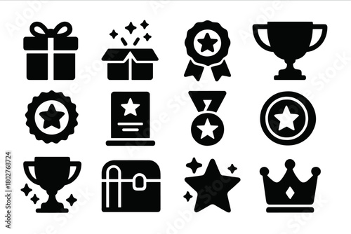 Prize Icons Collection. Solid style icons of Prizes: wrapped gift, sparkling box, ribbon prize, golden cup, star badge, honor