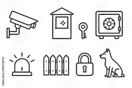 Series of icons for security and safety, including a dog, a key, a camera