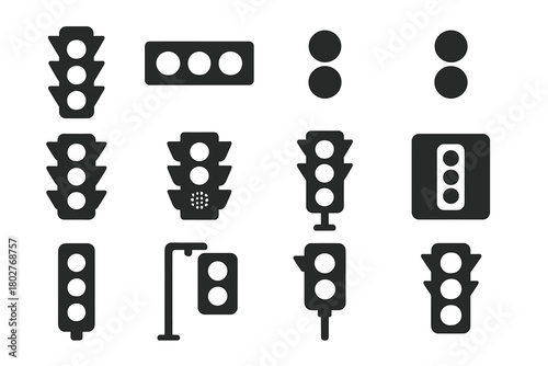 Traffic Light Icons. Solid style icons of traffic lights: vertical traffic light, horizontal signal light, three-light icon, red