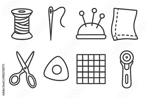 Set of sewing tools including scissors, a needle, and a thimble