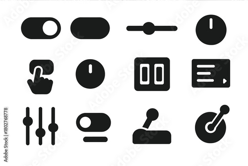 Interactive Control Icons. Solid style icons of interactive controls: toggle on, toggle off, slider bar, dial control, button