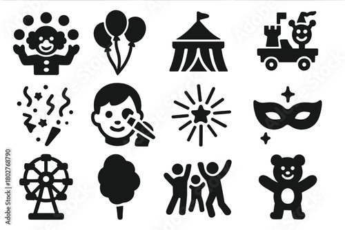 Festival Icons Collection. Solid style icons of Festival Fun: clown juggling, balloon bunch, carnival tent, parade float, confetti
