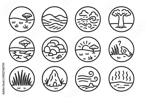 Savannah Landscape Icons. Line style round vector icons of Savannah Landscape: Grassland, Distant Hills, Dust Storm, Baobab Tree;