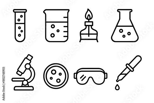 Lab Equipment Icons. Line style icons of Laboratory: Test Tube, Beaker, Burner, Flask, Microscope, Petri Dish, Safety Goggles,