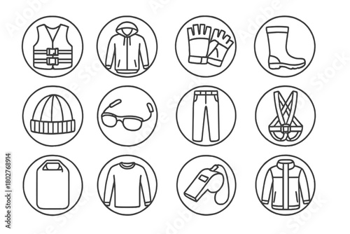 Sailing Outfit Essentials. Line style round vector icons of Sailing Clothing: Life Vest, Windbreaker, Sailing Gloves, Waterproof