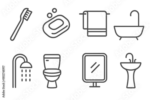 Minimalist Bathroom Icons. Line style icons of Bathroom: Toothbrush, Soap, Towel, Bathtub, Shower Head, Toilet, Mirror, Sink, No