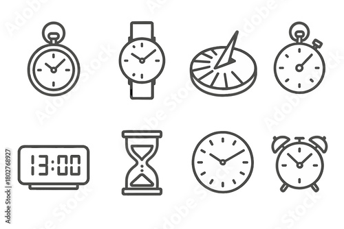 Timepiece Line Icons. Line style icons of Emergency response: fire truck, ambulance, helicopter, hazard sign, rescue team,