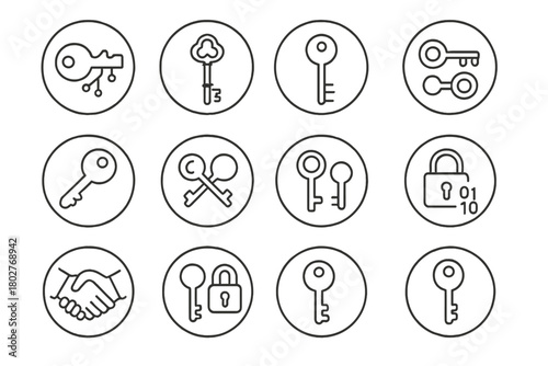 Cryptographic Keys Icons. Line style icons of cryptographic keys in round shape: digital key, skeleton key, code key, encryption