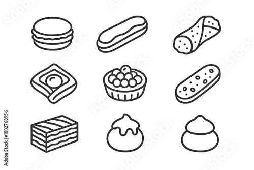 Pastry Shop Icons. Line style icons of Coffee Shop: Espresso Machine, Coffee Cup, Coffee Beans, Milk Frother, French Press, Sugar