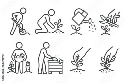 Garden Activity Icons. Line style icons of Garden activities: digging, planting, watering, pruning, harvesting, composting,