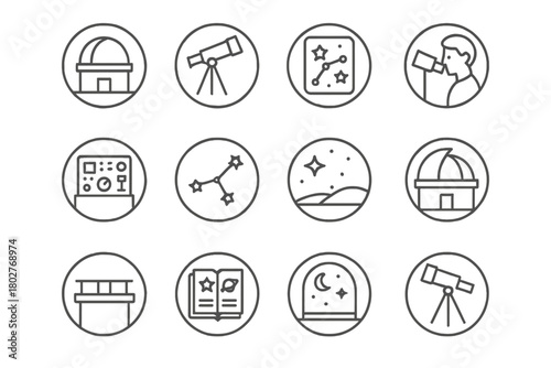 Observatory Icons. Line style icons of observatory in round shape: dome, telescope, star chart, astronomer; control panel,