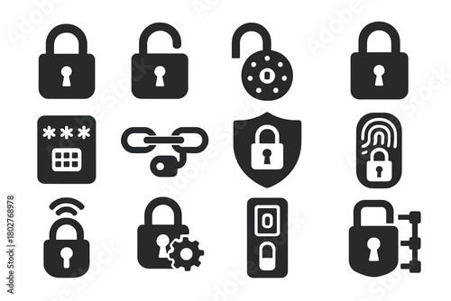 Security Lock Icons. Solid style icons of security locks: padlock closed, padlock open, combination lock, keyhole lock, digital