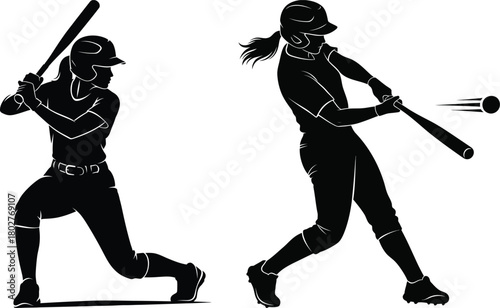 Female softball batter silhouettes swinging bat and hitting ball